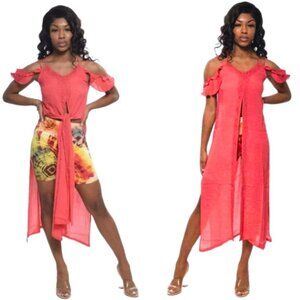 NWT Tunic Top Cover Up Shirt Sheer Coral Pink Cold Shoulder  Split Sides